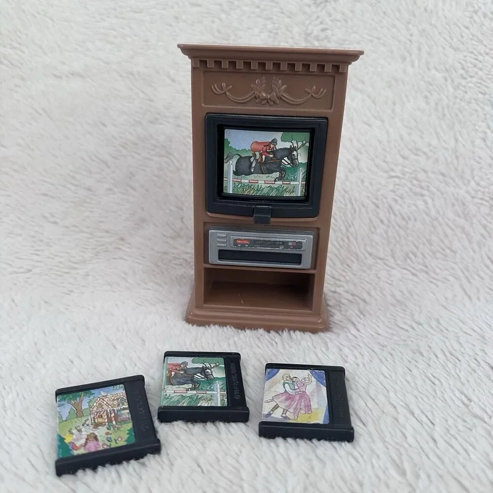 Fisher Price Loving Family Dollhouse 1999 TV VCR With VHS Tapes